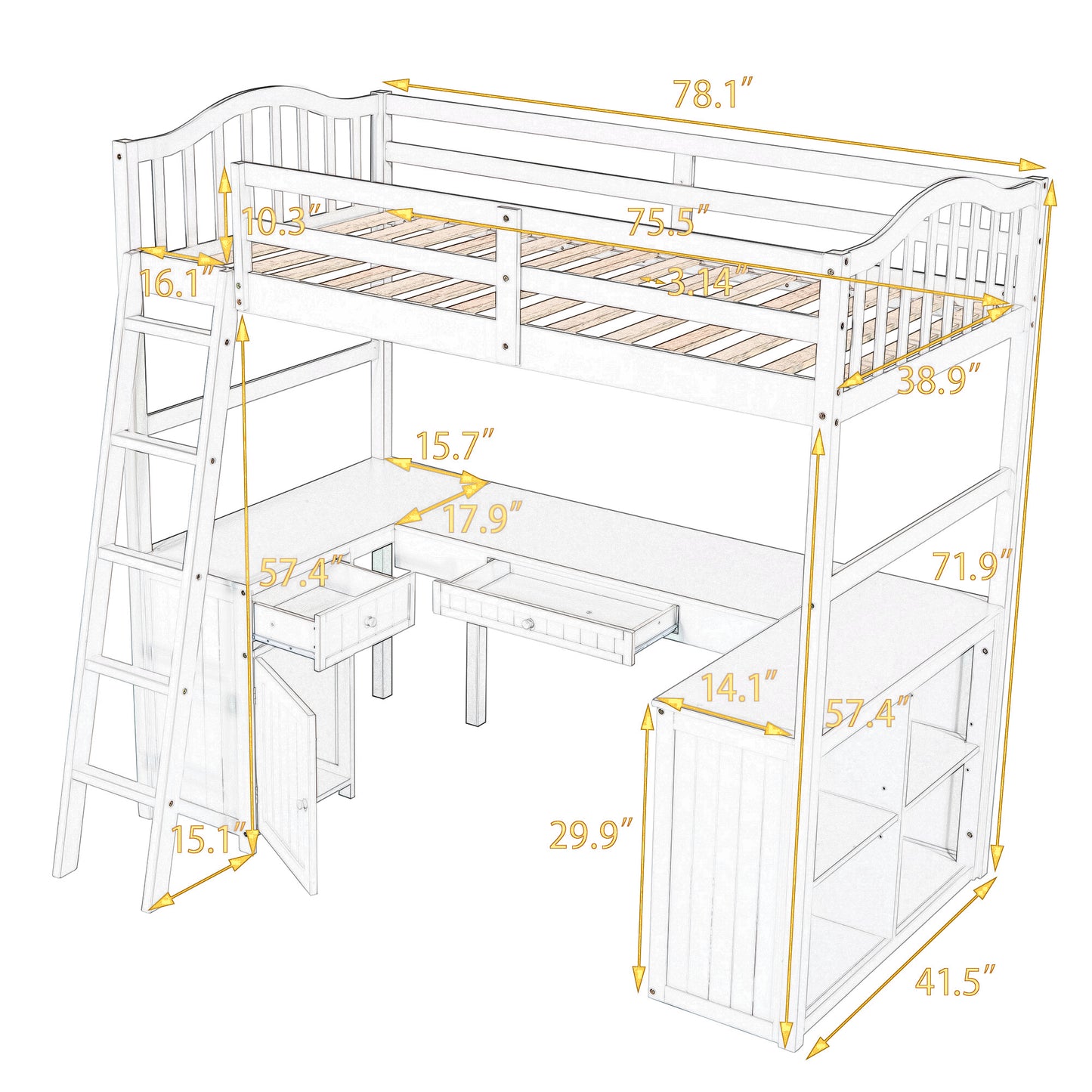 Twin size Loft Bed with Drawers, Cabinet, Shelves and Desk, Wooden Loft Bed with Desk - White(OLD SKU :LP000505AAK)