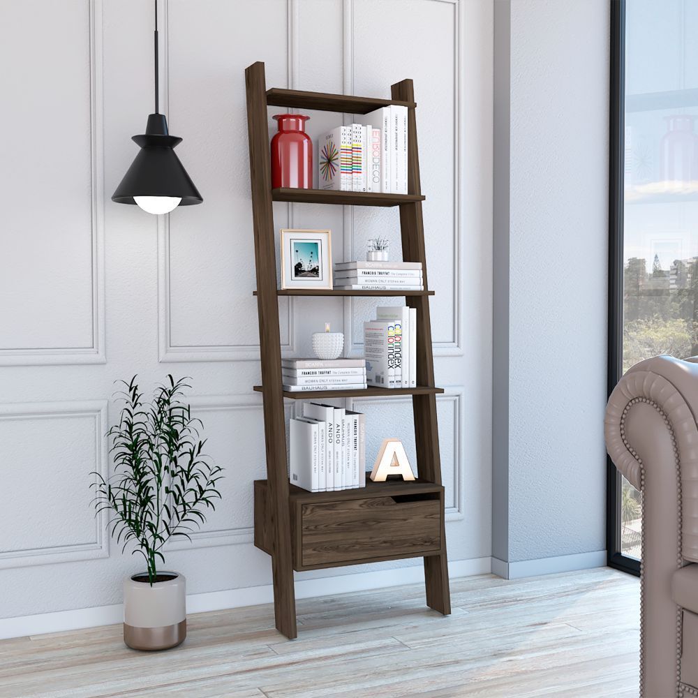 New Haven 1-Drawer 4-Shelf Ladder  Bookcase Dark Walnut