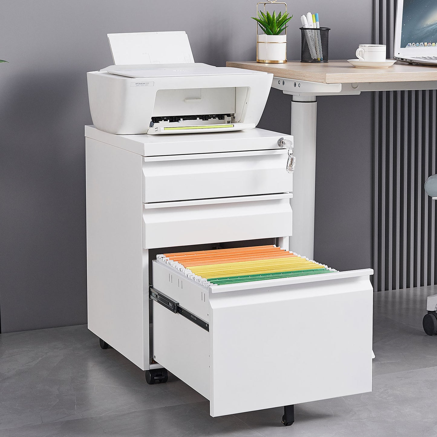 3 Drawer Mobile Locking File Cabinet, Rolling Filing Cabinet for Letter/A4 Size With 5 Wheels,WHITE