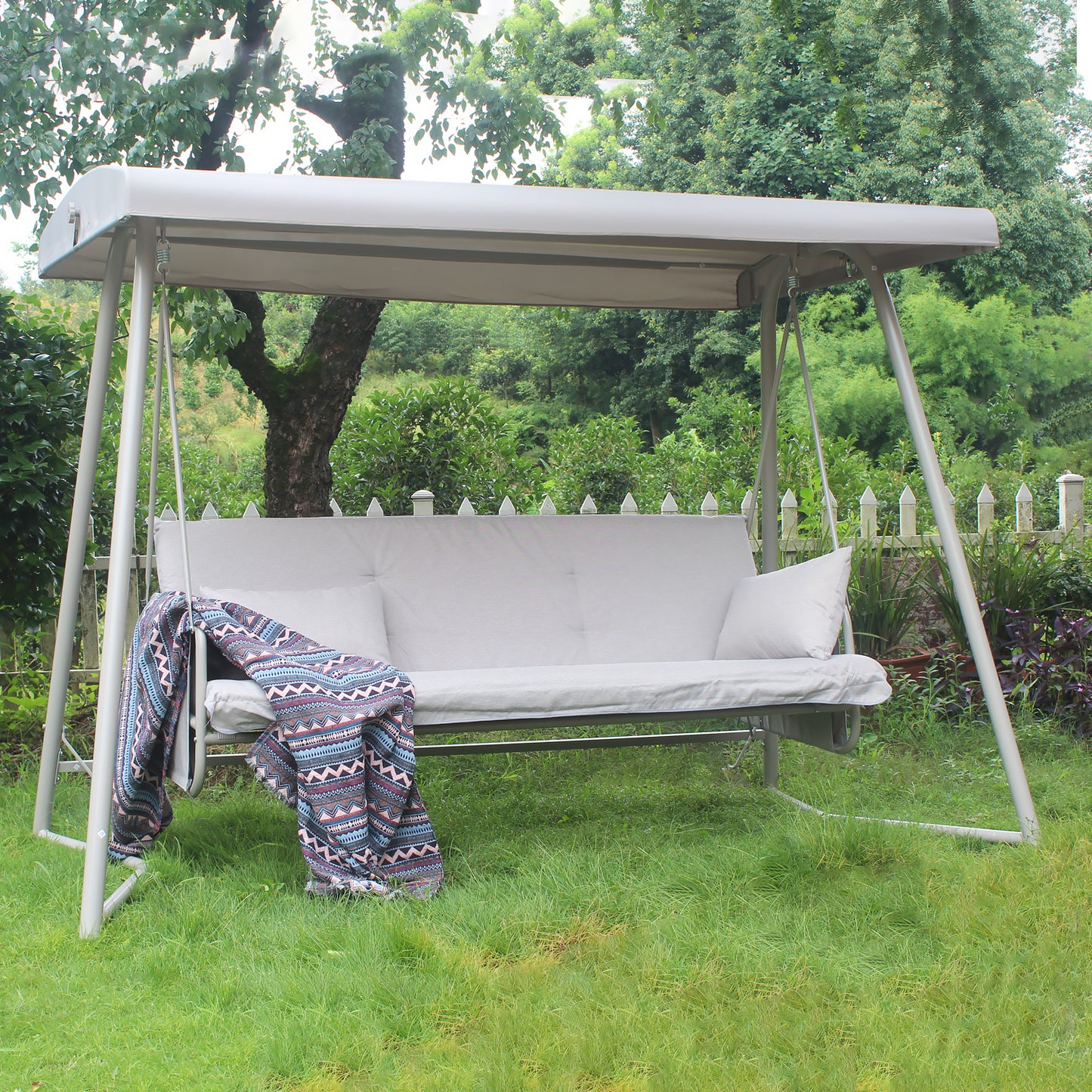 Outdoor Patio 3seater Metal Swing Chair Swing bed with Cushion and Adjustable Canopy Champagne Color (Old SKU:W40018715)