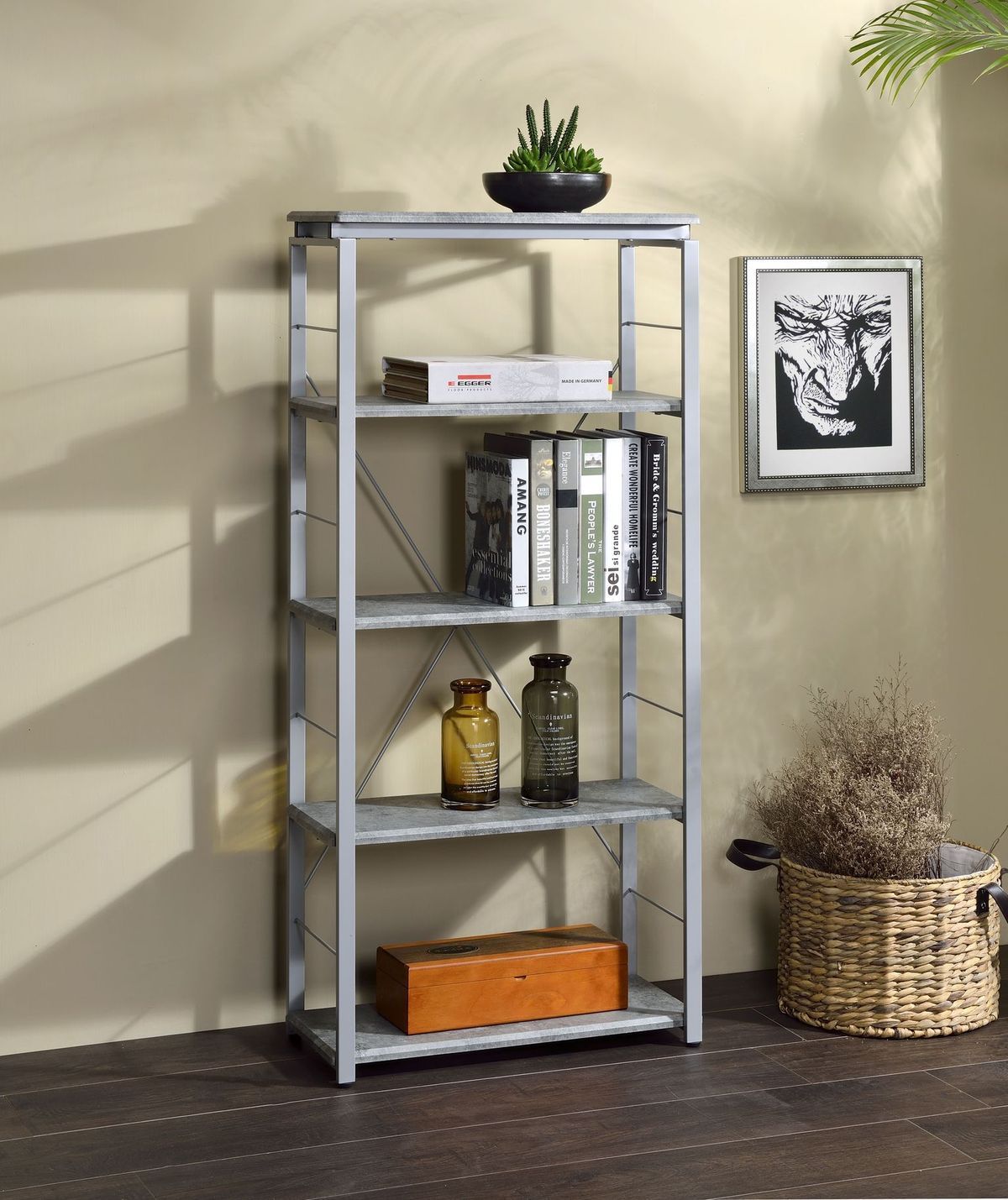 ACME Jurgen Bookshelf, Faux Concrete & Silver 92907