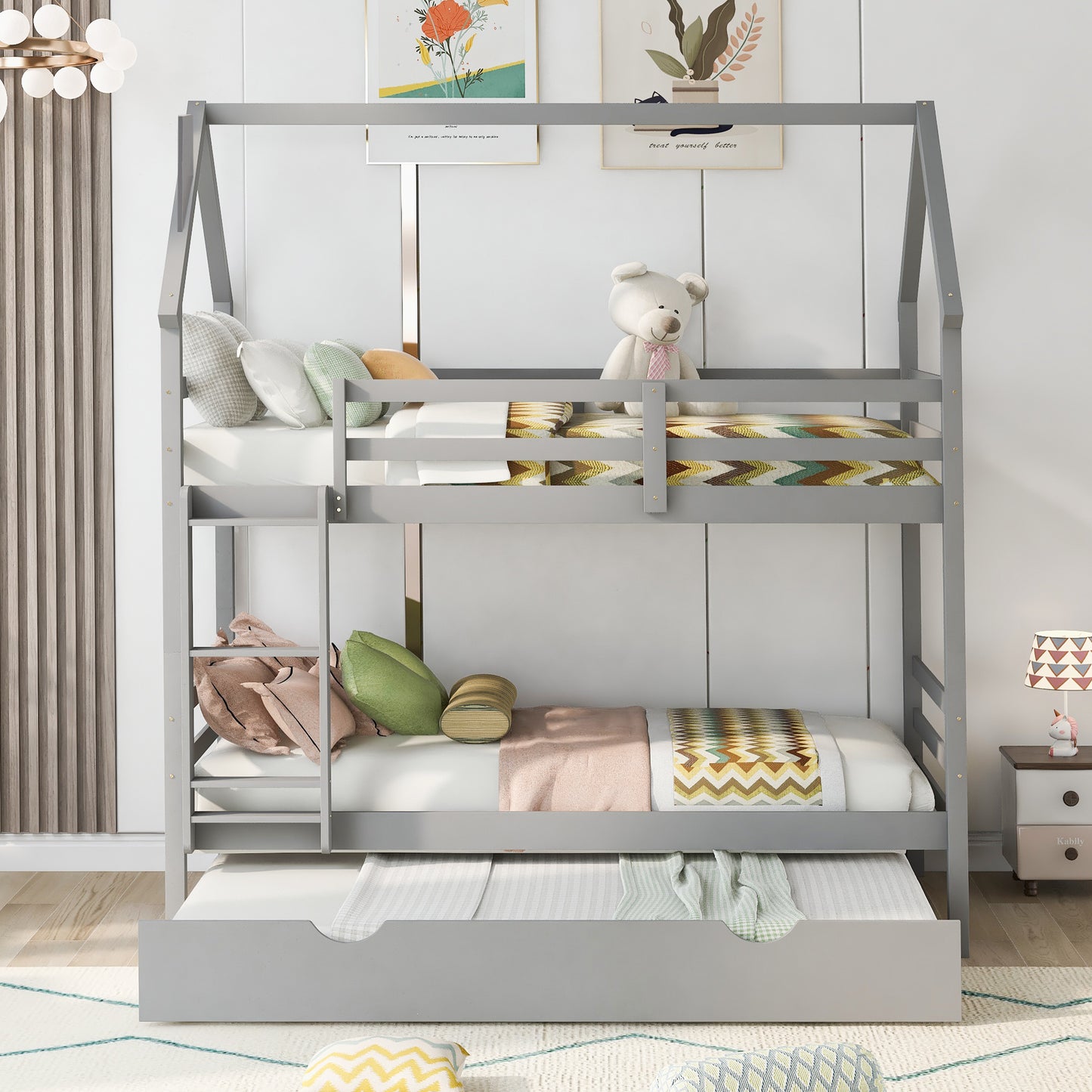 Twin over Twin House Bunk Bed with Trundle and Chimney Design,Gray