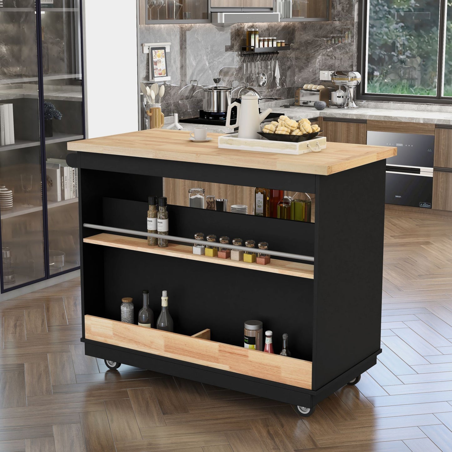 Kitchen Cart Rolling Mobile Kitchen Island Solid Wood Top, Kitchen Cart With 2 Drawers,Tableware Cabinet（Black）