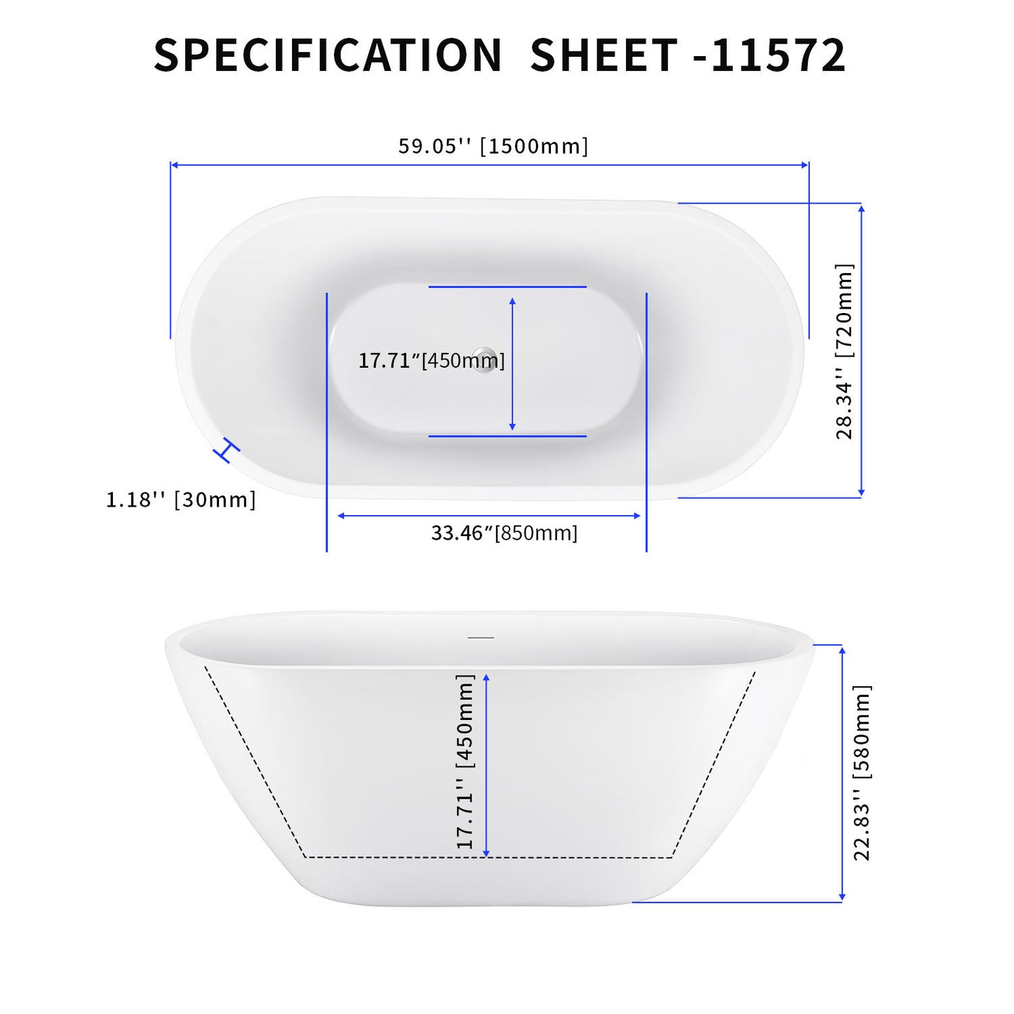 59" 100% Acrylic Freestanding Bathtub，Contemporary Soaking Tub，white Bathtub