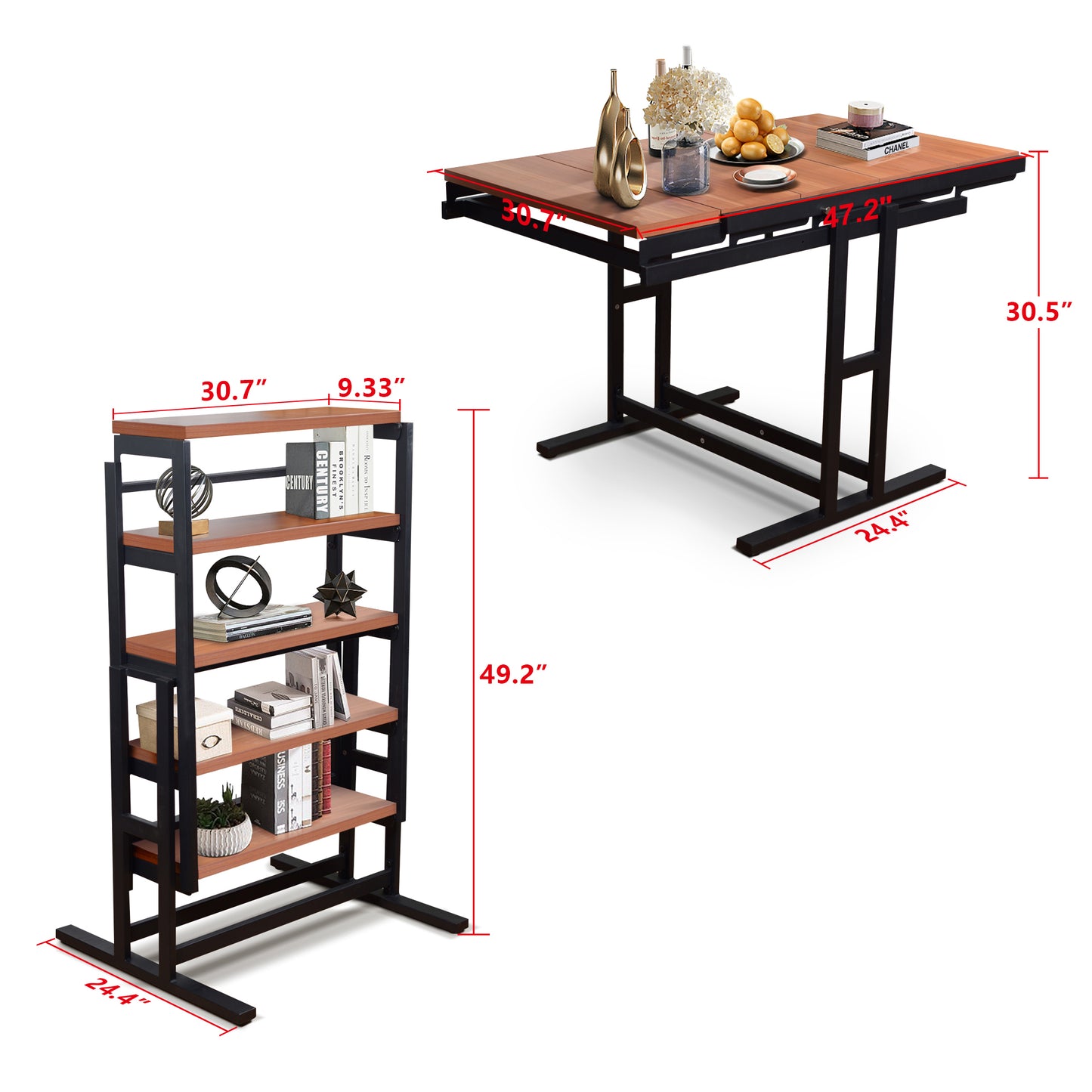 Solid Mahogany Wood Multifunction Convertible Dining Table,Free Switch Space Saving Table Shelf for Home and Studio