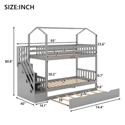 Multifunctional Twin over Twin House Bunk Bed with Staircase and Storage Space,Gray