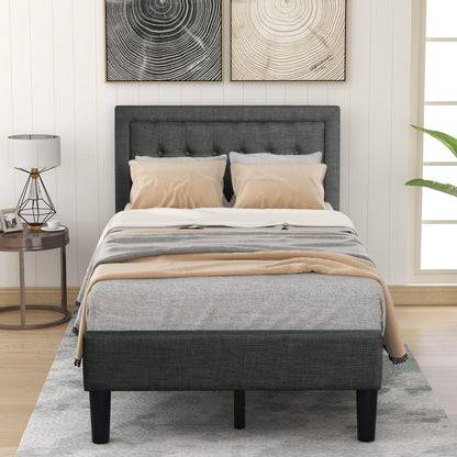 Upholstered Button-Tufted Platform Bed with Strong Wood Slat Support (Twin, Gray)