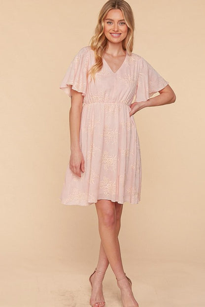 CRINKLE EMBROIDERED FLARE WOVEN DRESS