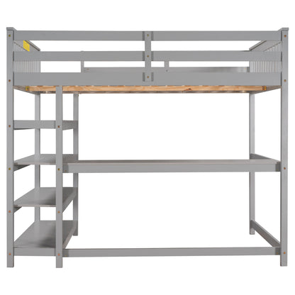 Full Size Loft Bed with Storage Shelves and Under-bed Desk, Gray(OLD SKU:SM000246AAE-1)