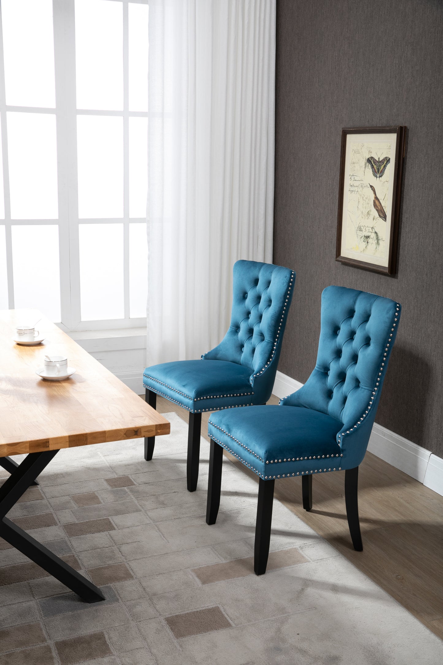 Upholstered Button Tufted Back  Velvet Dining Chair with Nailhead Trim and Solid Wood Legs 2 Sets