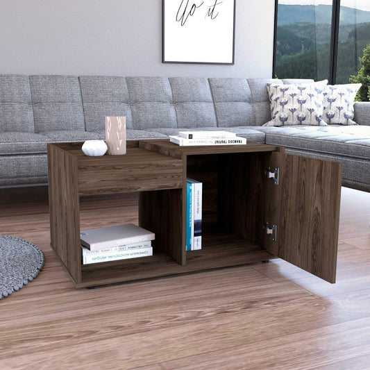Coffee Table Dext, Single Door Cabinet, One Open Shelf, Dark Walnut Finish