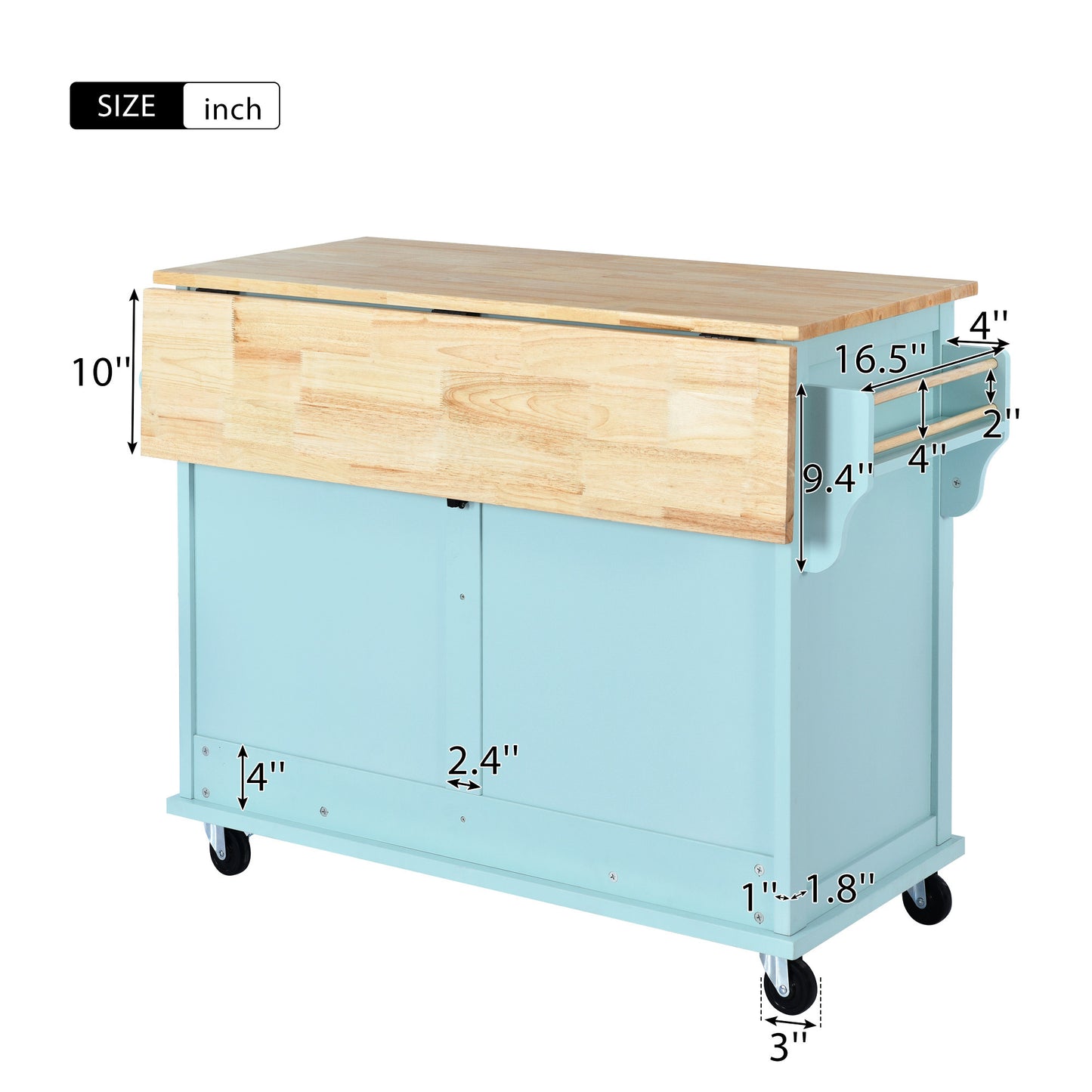 K&K Kitchen Cart with Rubber wood Drop-Leaf Countertop, Concealed sliding barn door adjustable height,Kitchen Island on 4 Wheels with Storage Cabinet and 2 Drawers,L52.2xW30.5xH36.6 inch, Mint Green