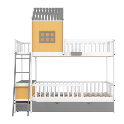 Twin over Twin Bunk Bed with Twin Size Trundle , Farmhouse Bed with Storage Box and Drawer - Yellow