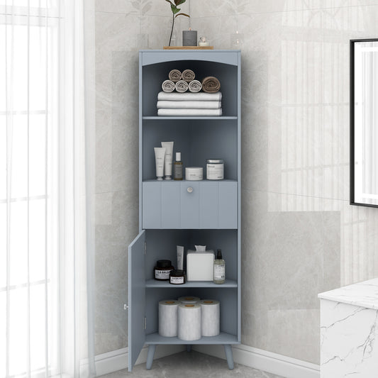 Gray Triangle Elegant Corner Cabinet with Open Shelves, MDF Board, Anti-toppling Device, Painting Surface, Large Storage Space for Limited Space