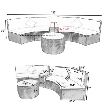 TOPMAX 4-Piece Patio Furniture Sets, Outdoor Half-Moon Sectional Furniture Wicker Sofa Set with Two Pillows and Coffee Table, Blue Cushions+Brown Wicker