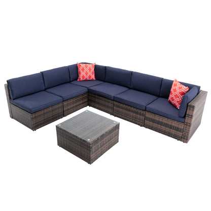 7Pcs Outdoor Garden Patio Furniture  PE Rattan Wicker  Sectional Cushioned Sofa Sets with 2 Pillows and Coffee Table