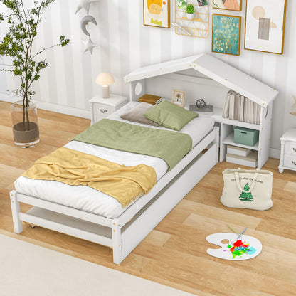 Twin Storage House Bed for kids with Bedside Table, Trundle, White