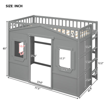 Twin Size House Loft Bed With Ladder-Gray