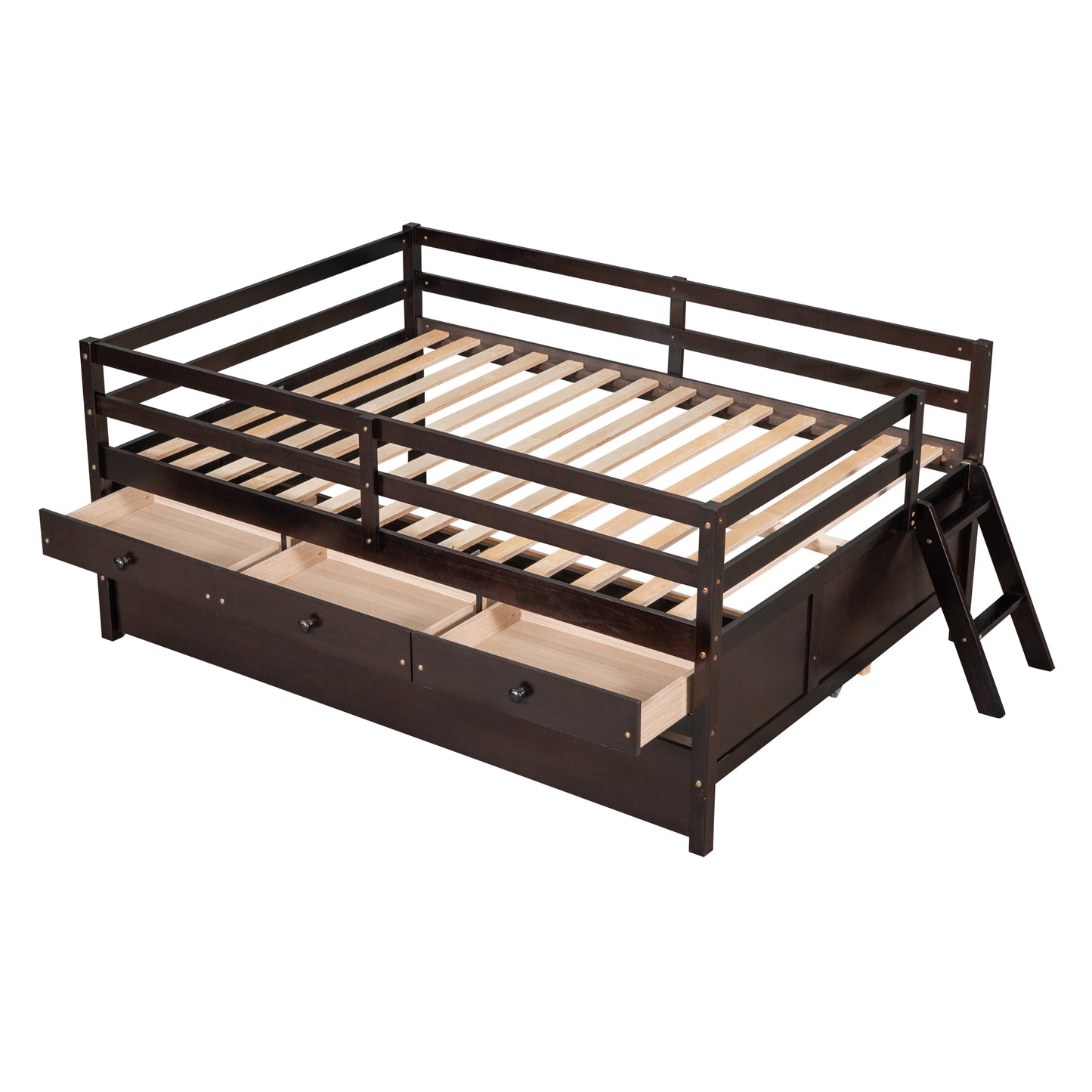 Low Loft Bed Full Size with Full Safety Fence, Climbing ladder, Storage Drawers and Trundle Espresso Solid Wood Bed