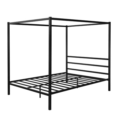 Metal Framed Canopy Platform Bed with Built-in Headboard,No Box Spring Needed, Classic Design, Queen , Black