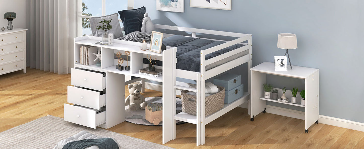 Full Size Low Loft Bed with Rolling Portable Desk, Drawers and Shelves,  White