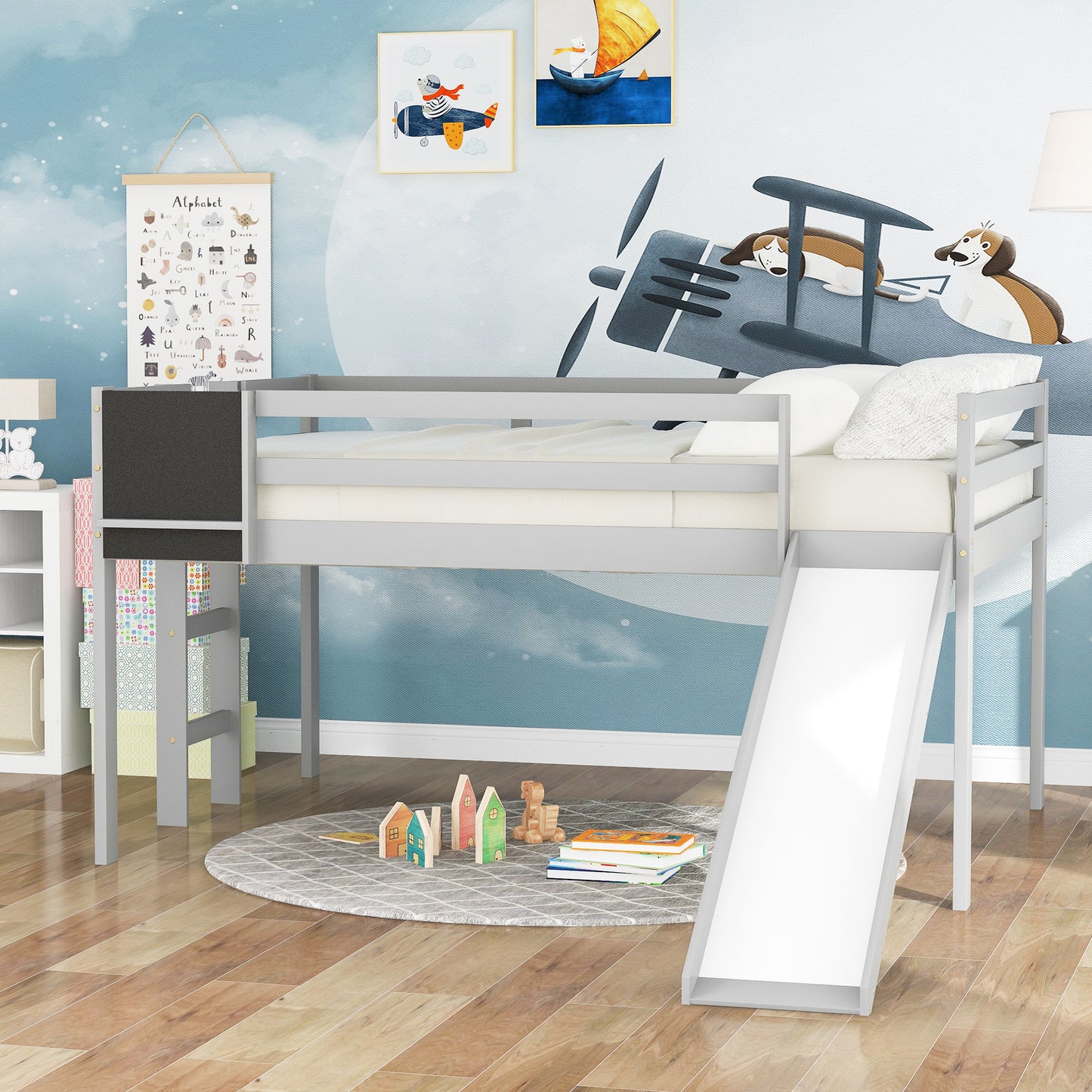 Full size Loft Bed Wood Bed with Slide, Stair and Chalkboard,Gray（Old SKU:WF282116AAE）