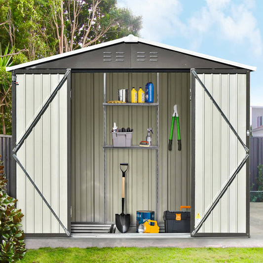 TOPMAX Patio 8ft x6ft Bike Shed Garden Shed, Metal Storage Shed with Adjustable Shelf and Lockable Doors, Tool Cabinet with Vents and Foundation Frame for Backyard, Lawn, Garden, Gray