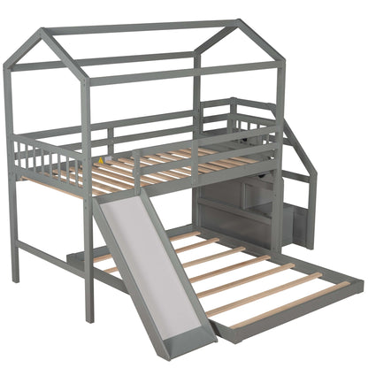 Twin over Full House Bunk Bed with Convertible Slide and Storage Staircase,Full-Length Guardrail,Gray