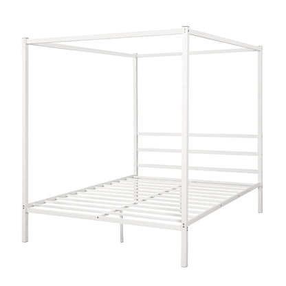 Metal Framed Canopy Platform Bed with Built-in Headboard,No Box Spring Needed, Classic Design, Queen ,White