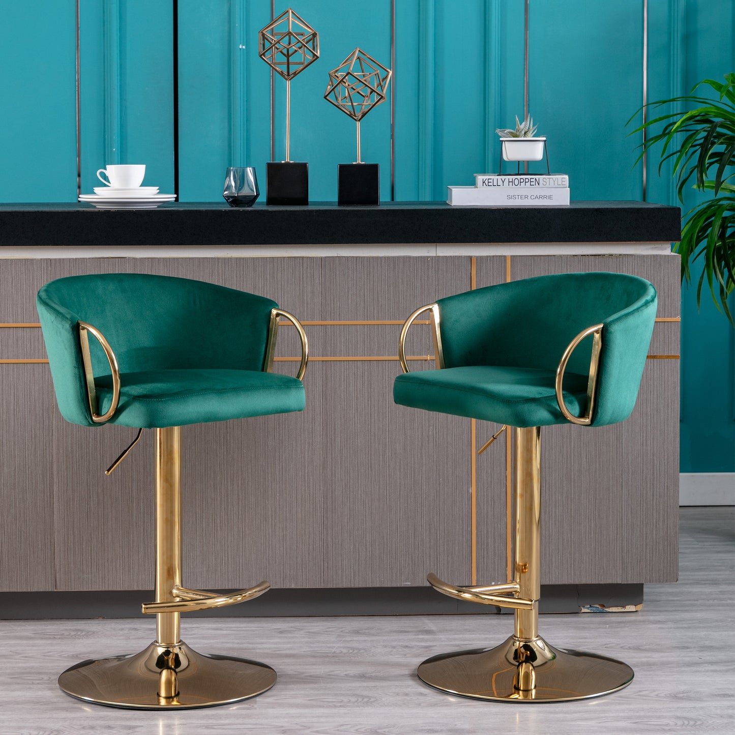 Set of 2  Bar Stools,with Chrome Footrest and Base Swivel Height Adjustable Mechanical Lifting Velvet + Golden Leg Simple Bar Stool-Green