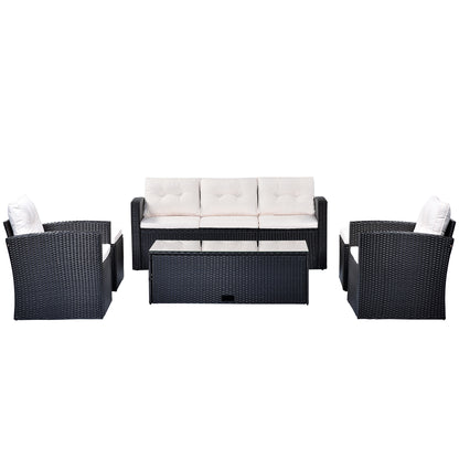 GO 6-piece All-Weather Wicker PE rattan Patio Outdoor Dining Conversation Sectional Set with coffee table, wicker sofas, ottomans, removable cushions (Black wicker, Beige cushion)