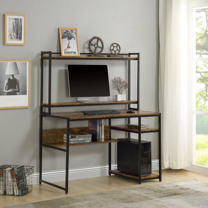 Home Office Computer Desk with 2-Tier Bookshelf and Open Storage Shelf/Equipped with Removable Monitor Riser(Brown)