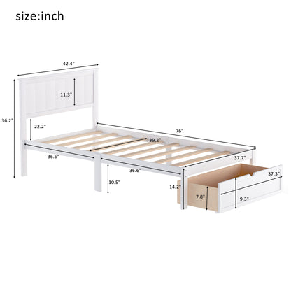 Twin Size Platform Bed with Under-bed Drawer, White