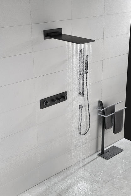 Shower System Square Bathroom Luxury Rain Mixer Shower Combo Set Pressure Balanced Shower System with Shower Head, Hand Shower, Slide Bar, Shower Arm, Hose, and Valve Trim