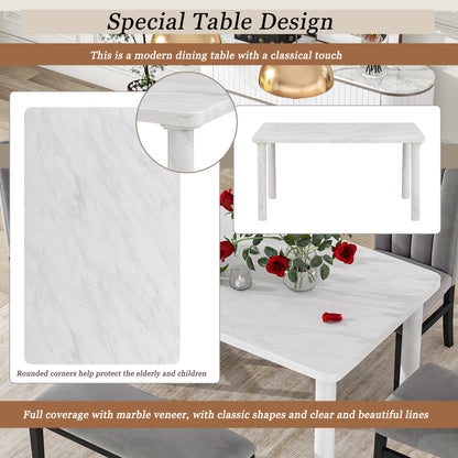 TREXM 6-Piece Dining Table Set with Marble Veneer Table and 4 Flannelette Upholstered Dining Chairs & Bench (White+Gray)