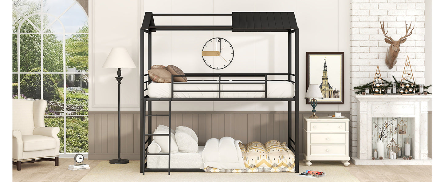 Twin Over Twin Bunk Bed Metal Bed with Half Roof, Guardrail and Ladder Black