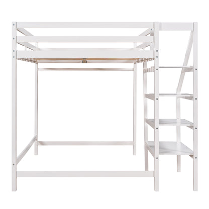 Full Size Loft Bed with Built-in Storage Staircase and Hanger for Clothes,White