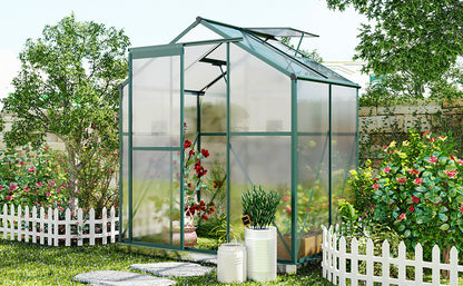 TOPMAX Upgraded Outdoor Patio 6.2ft Wx4.3ft D Greenhouse, Walk-in Polycarbonate Greenhouse with 2 Windows and Base,Aluminum Hobby Greenhouse with Sliding Door for Garden, Backyard, Green