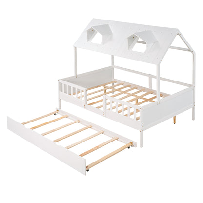 Full Size House Bed Wood Bed with  Twin Size Trundle ( White )