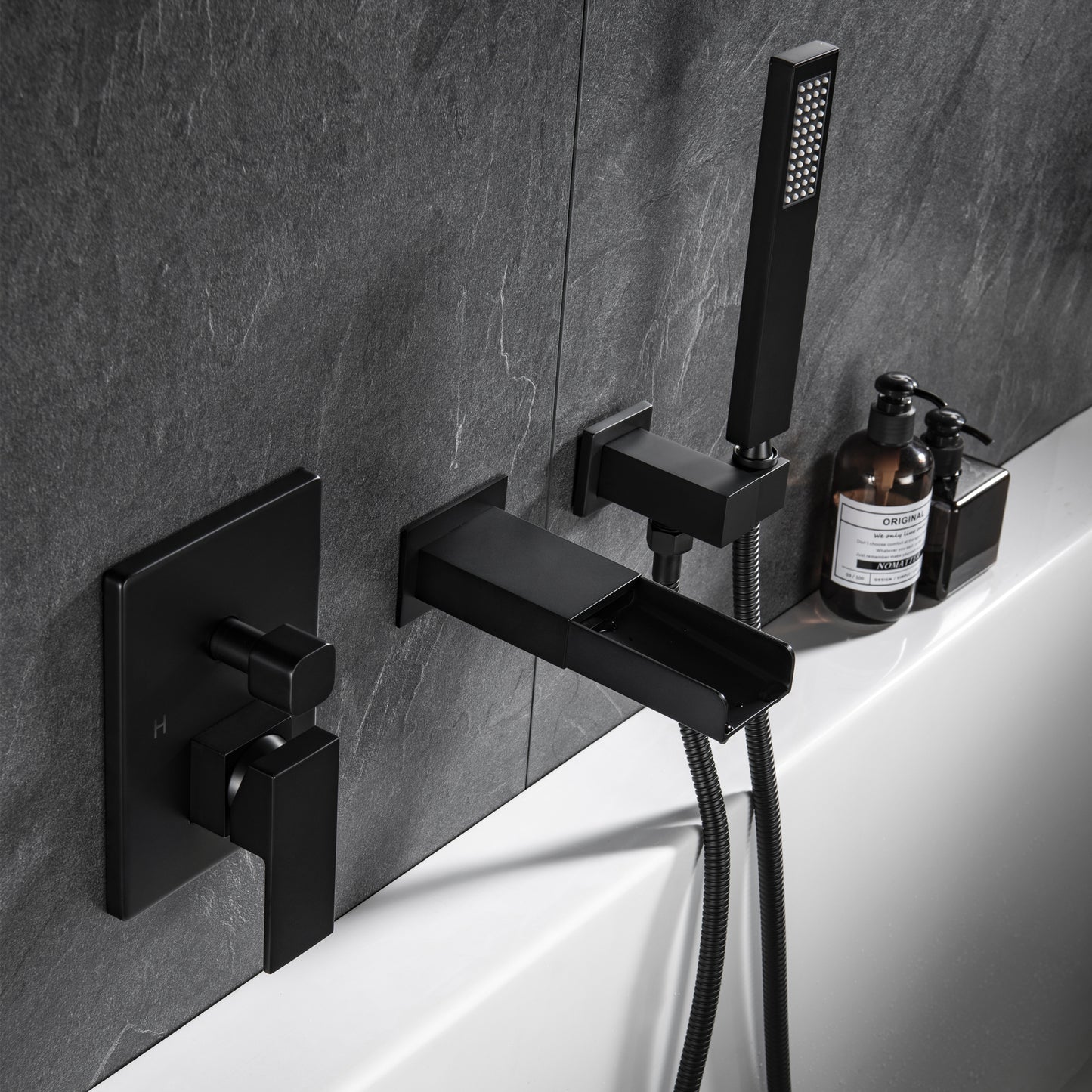 TrustMade Pressure-Balance Waterfall Single Handle Wall Mount Tub Faucet with Hand Shower, Matte Black - 2W01