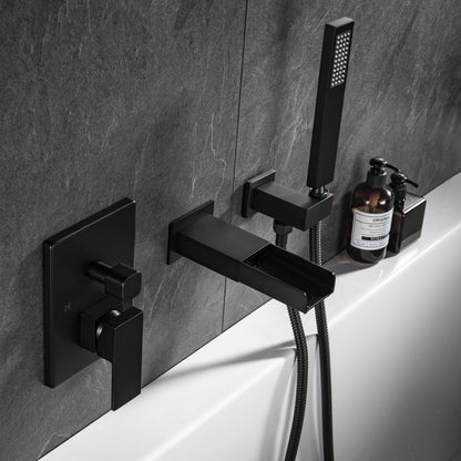 TrustMade Pressure-Balance Waterfall Single Handle Wall Mount Tub Faucet with Hand Shower, Matte Black - 2W01