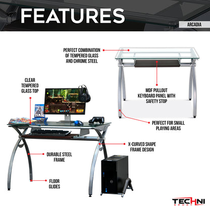 Techni Mobili Contempo Clear Glass Top Computer Desk with Pull Out Keyboard Panel, Clear