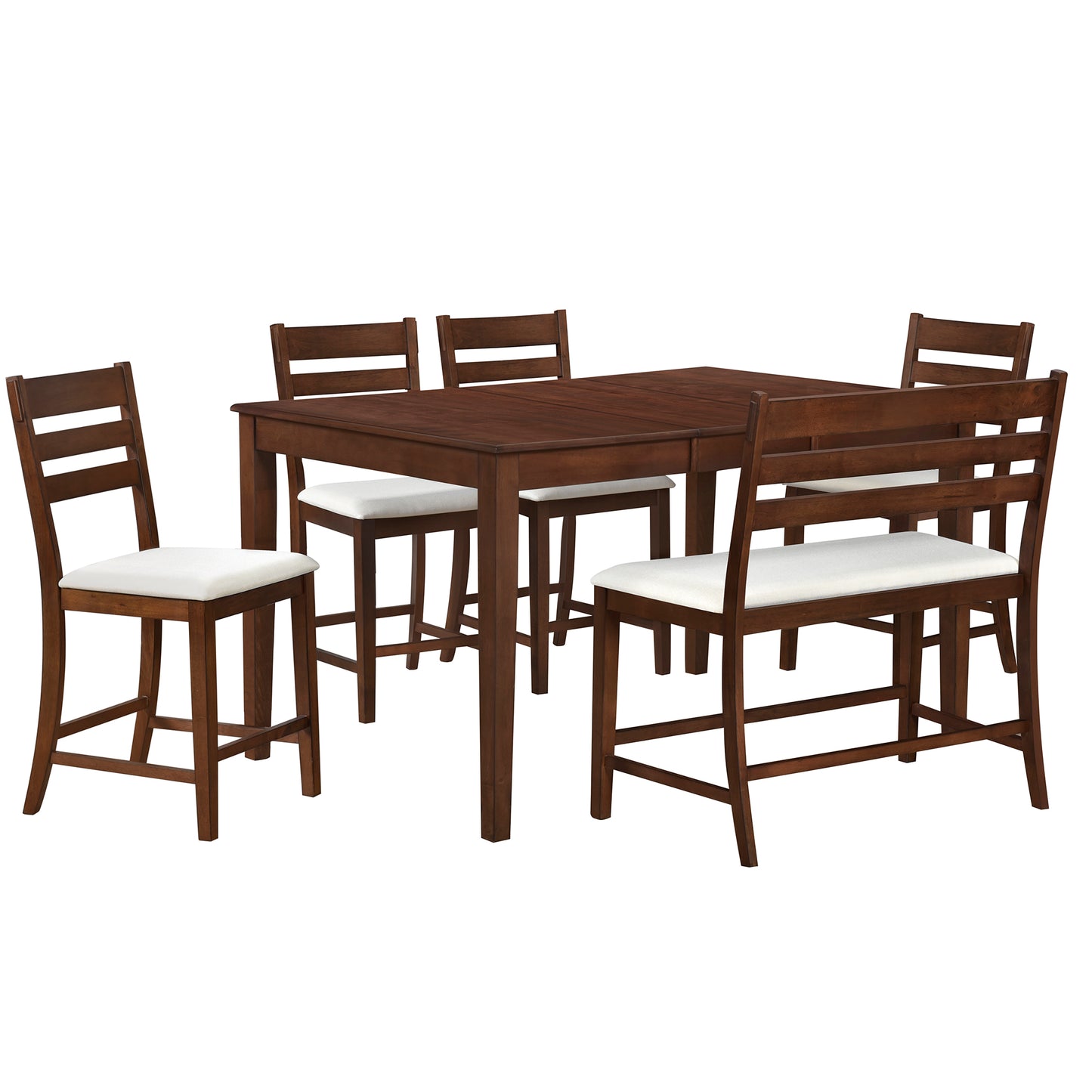 TOPMAX Farmhouse Extendable Counter Height 6-Piece Dining Table Set with Removable Leaf, 4 Dining Chairs and Dining Bench with Back, Brown Walnut+Beige