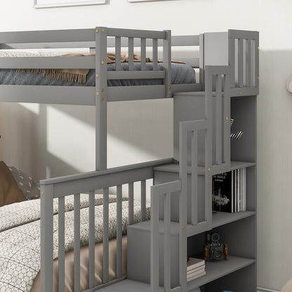 Twin Over Full Bunk Bed with 2 Drawers and Staircases, Convertible into 2 Beds, the Bunk Bed with Staircase and Safety Rails for Kids, Teens, Adults, Grey