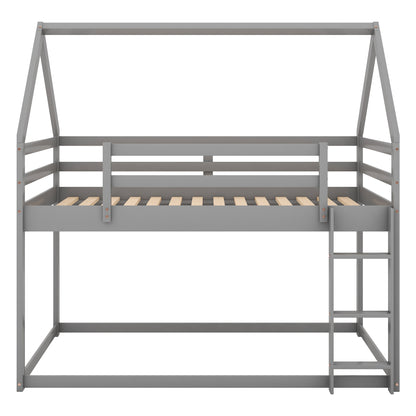 Twin over Twin Low Bunk Bed, House Bed with Ladder , Gray(OLD SKU:WF197808AAE)