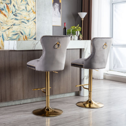 Swivel Bar Stools Chair Set of 2 Modern Adjustable Counter Height Bar Stools, Velvet Upholstered Stool with Tufted High Back & Ring Pull for Kitchen , Chrome Golden Base, Grey