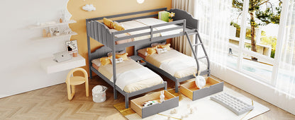 Full Over Twin & Twin Bunk Bed, Velvet Triple Bunk Bed with Drawers and Guardrails, Gray