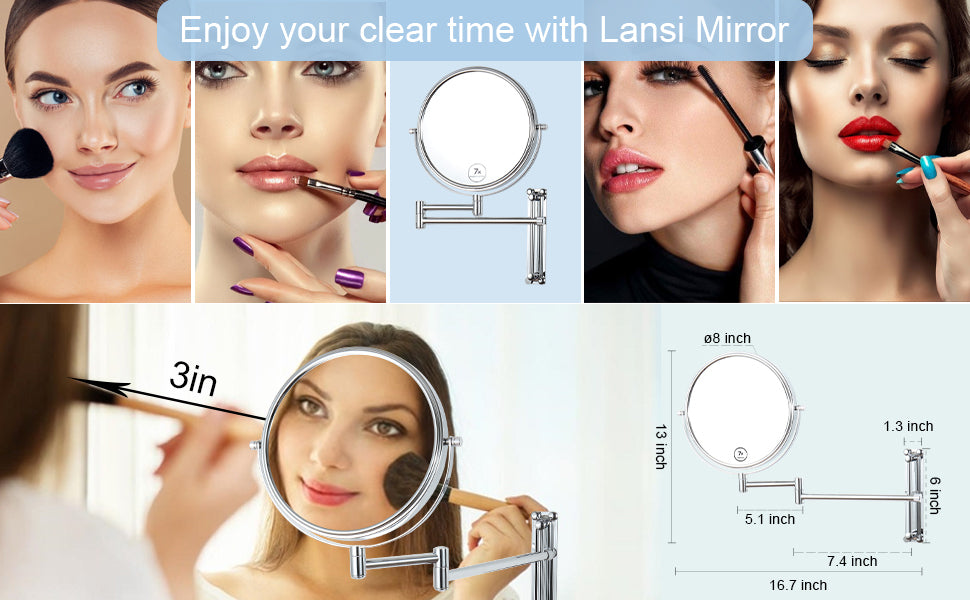 8-inch Wall Mounted Makeup Vanity Mirror, Height Adjustable, 1X / 7X Magnification Mirror, 360° Swivel with Extension Arm (Chrome Finish)