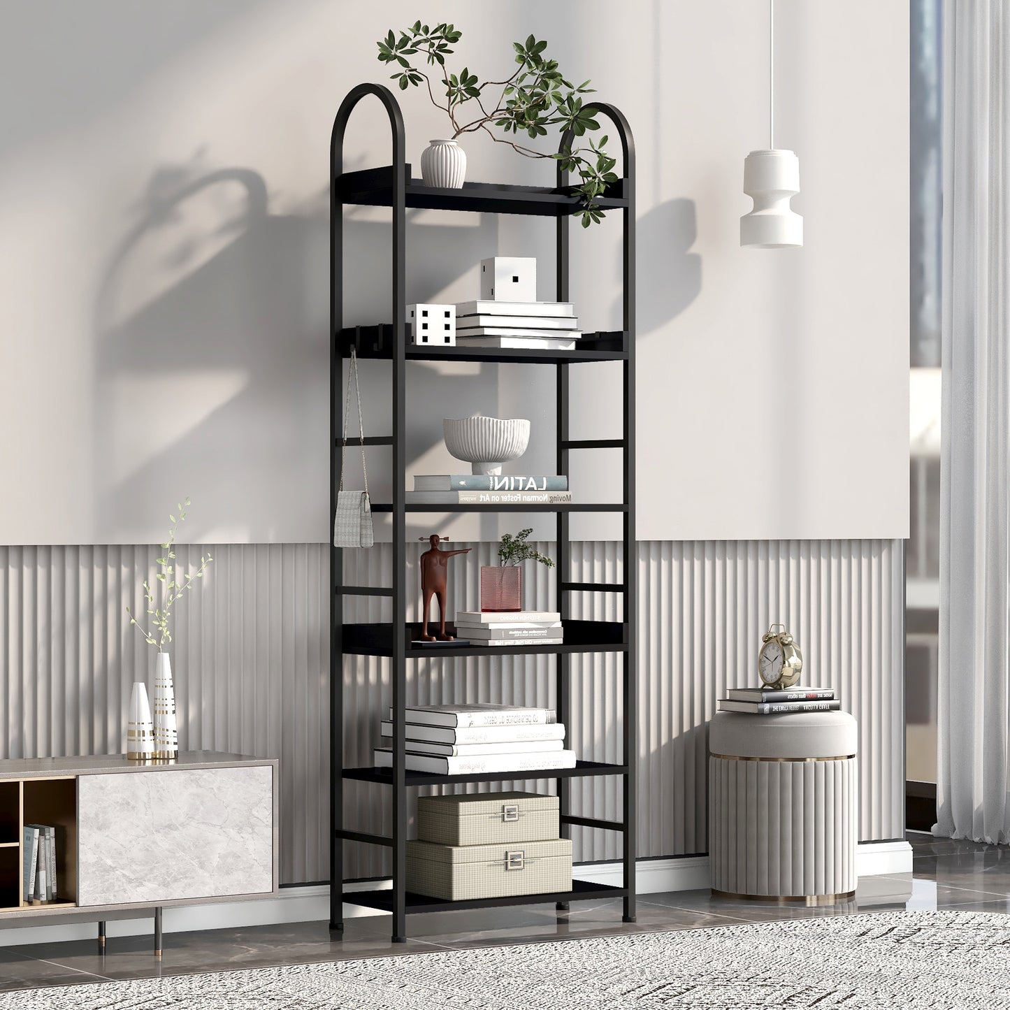 70.8 Inch Tall Bookshelf, 6-tier Shelves with Round Top Frame, MDF Boards, Adjustable Foot Pads, Black