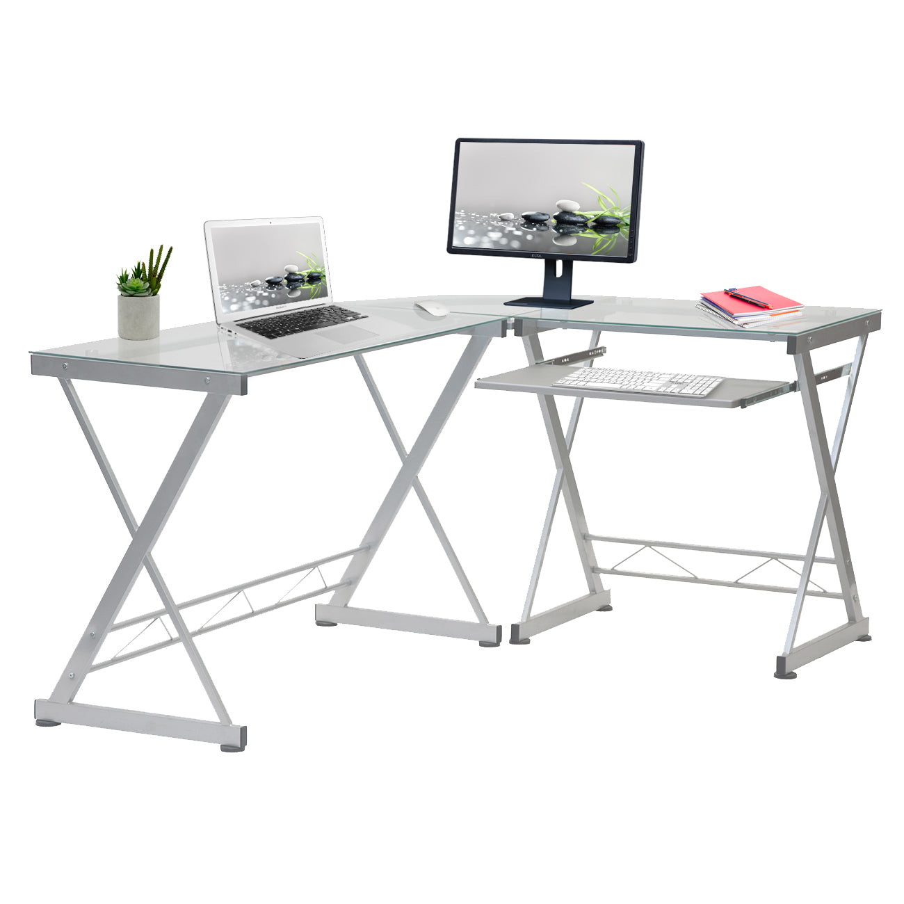 Techni Mobili L-Shaped Tempered Glass Top Computer Desk with Pull Out Keyboard Panel, Clear